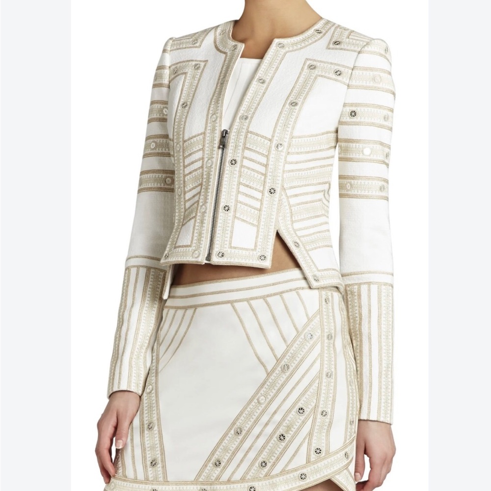 BCBGMaxAzria White and Gold Embellished Cropped Blazer and skirt